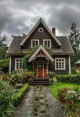 Fototapeta na wymiar A charming black house with a garden path and a potted plant Generative AI