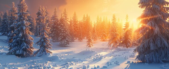 Snowy Forest Sunset Generative AI