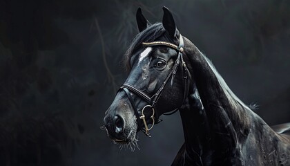 Obraz na płótnie Canvas Black Beauty A Stunning Horse with a Golden Bridle Generative AI