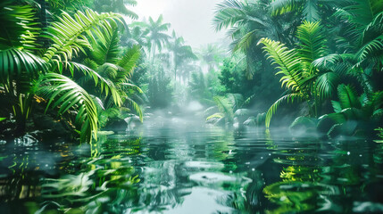 Lush Jungle Reflections, Natures Palette of Greens, A Serene Waterway Through the Forest