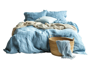 Comfy Bed Blue Sheet Fluffy Pillow on transparent background,
