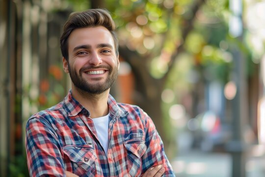 A man with a plaid shirt and beard is smiling and posing for a picture