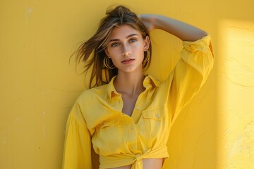 A woman in a yellow shirt is posing for a photo