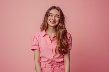 Obraz premium A girl in a pink shirt and jeans is smiling