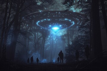 UFO Sighting in the Woods A Group of People Experience the Mystery Generative AI - obrazy, fototapety, plakaty