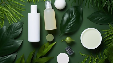 Obraz na płótnie Canvas A flat lay of organic skincare products amidst a background of natural elements like leaves and stones.