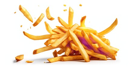 Crispy Delight: Falling French Fries (Potato Fry) Isolated on White