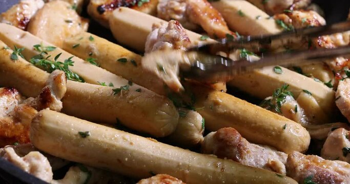 Frying skinless small chicken fillet pieces sausage bangers in lightly coated oil thyme herb non stick pan cooking sizzling dark golden brown putting taking serving rolling stir
