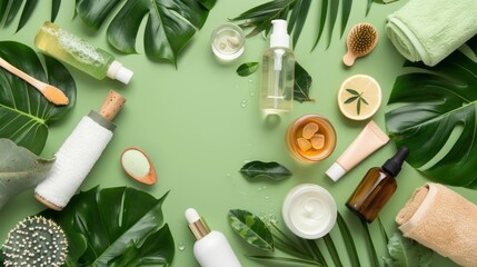 Fototapeta na wymiar A flat lay of organic skincare products amidst a background of natural elements like leaves and stones.