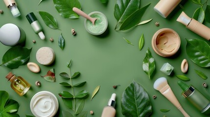 Fototapeta na wymiar A flat lay of organic skincare products amidst a background of natural elements like leaves and stones.