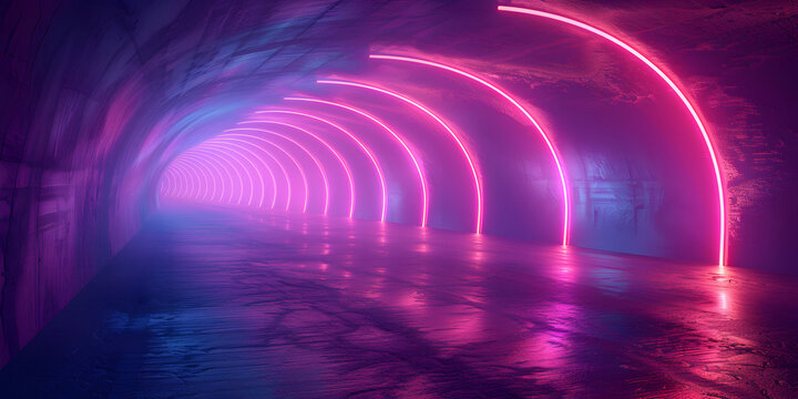 Dark tunnel round arch with illumination of blue and purple light dark long corridor circle neon light .
