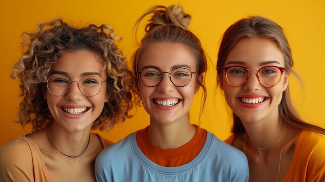 Three women with glasses smiling at camera, happy and having fun