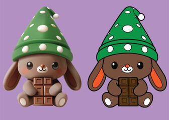 Brown bunny green Gnome hatcartoon character 3D and 2D