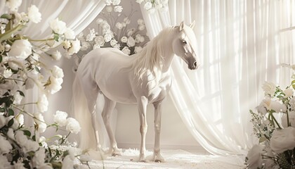 Flower Power White Horse in a White Room Generative AI