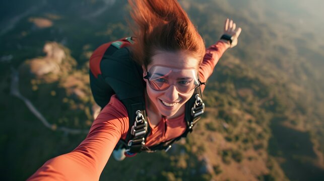 Red-Haired Woman Skydiving With Goggles. Generative AI