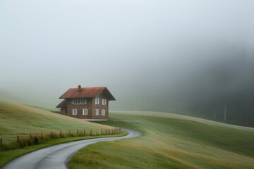 Casa aislada en la montaña con niebla, granja del norte de Europa en el campo 