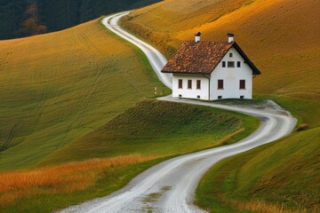 Casa en suiza en otoño, campo ocre y casa blanca en mitad de la carretera - obrazy, fototapety, plakaty