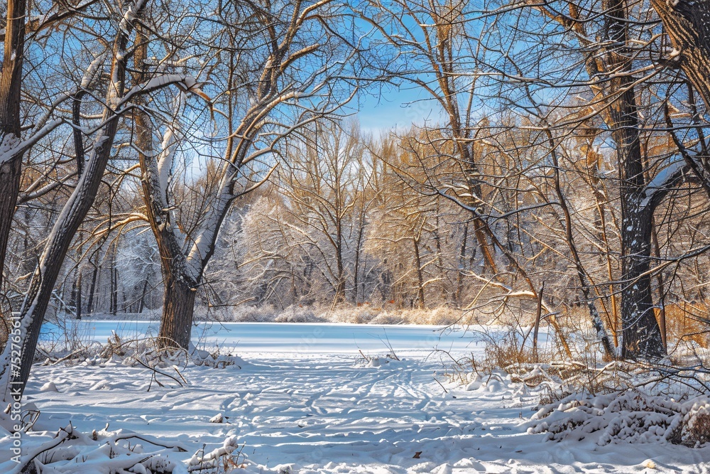 Poster winter wonderland a snowy scene with a tree and a path generative ai