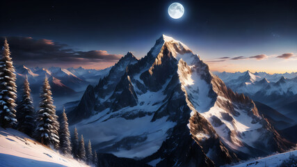 Picture a majestic mountain peak bathed in the silvery light of a full moon. The snow-covered slopes sparkle like diamonds, and the crisp mountain air is invigorating. In the quietude of the night, di - obrazy, fototapety, plakaty