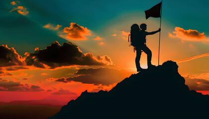 the silhouette of a climber on a mountain, represents goal achievement, target achieved, mission successful.