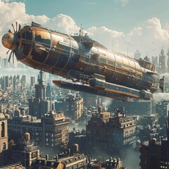 Futuristic Cityscape A Steampunk-Inspired Sky City with a Golden Airship Generative AI