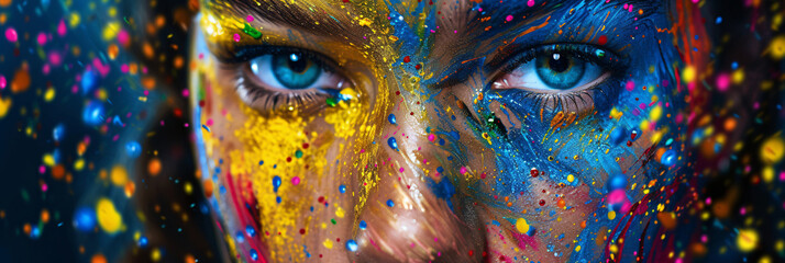 Intense close up of the eyes face part of a girl with colorful paints decorating the face - obrazy, fototapety, plakaty