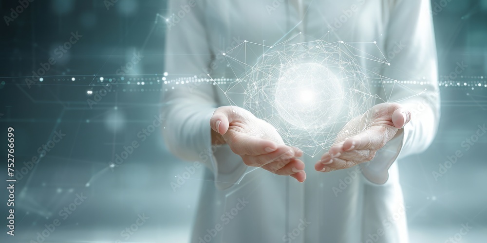 Aufkleber open palms cradle a digital network sphere, signifying connectivity, innovation, and the boundless p