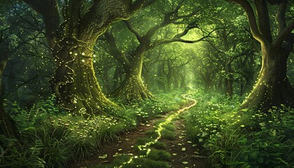 Glowing Path in the Forest A Magical Nighttime Adventure Generative AI