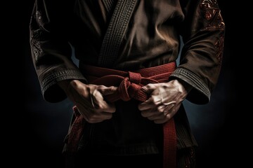 Fototapeta premium Martial arts fighter with belt on black background, an aggressive handsome man in the black shirt is demonstrating his punch at a dark photo studio concept , Ai generated