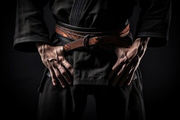 Martial arts fighter with belt on black background, an aggressive handsome man in the black shirt is demonstrating his punch at a dark photo studio concept , Ai generated