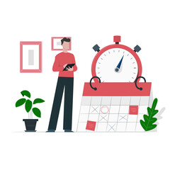 Flat design Time management. Illustration of a man manage a time and schedule with calendar background