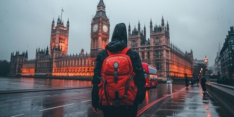 A Lone Traveler with a Bright Red Backpack Faces the Iconic Big Ben on a Rainy London Day,...