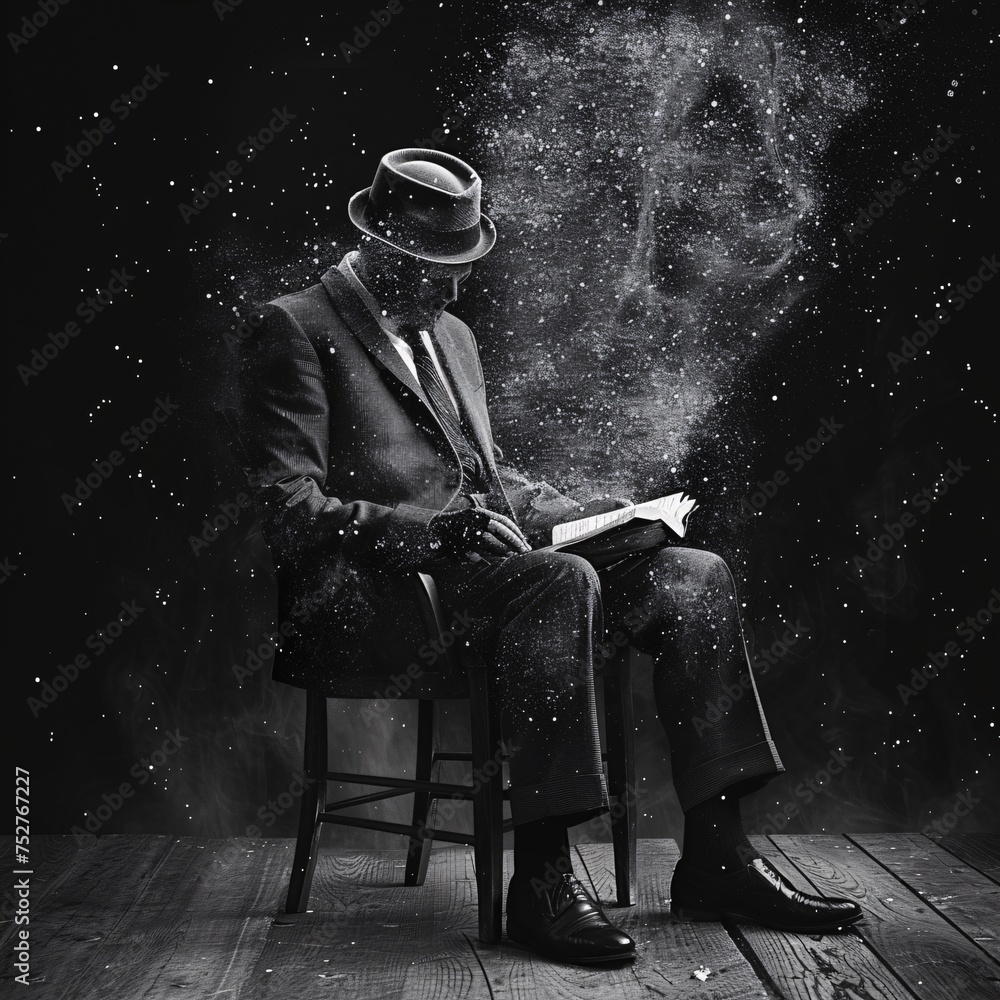 Poster reading in the rain a man in a hat sits in a chair with a book generative ai