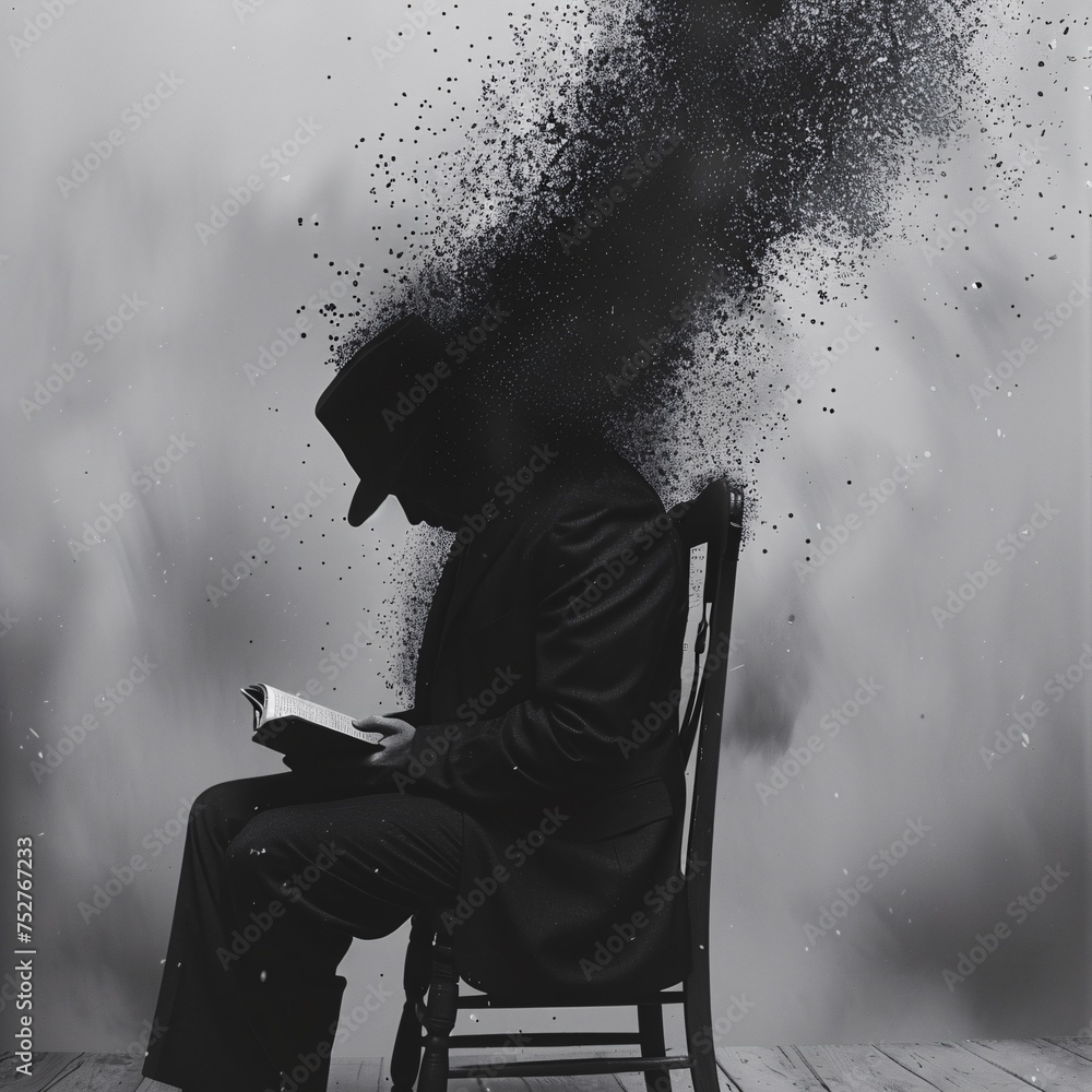 Poster reading in the rain a man in a suit and hat sits in a chair with a book generative ai