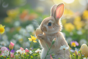 Easter Bunny with Egg Among Spring Flowers