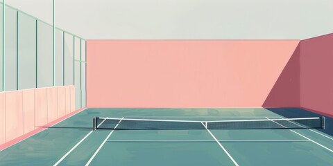 Pista de tenis antigua con colores pastel en un viejo club deportivo, cancha de tenis aesthetic  - obrazy, fototapety, plakaty