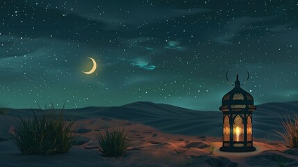 The Beauty of Ramadan: Starry Sky, Crescent Moon, and Golden Lantern