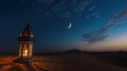 Fototapeta na wymiar Ramadan Mubarak background, A Desert Night with Lanterns and Stars