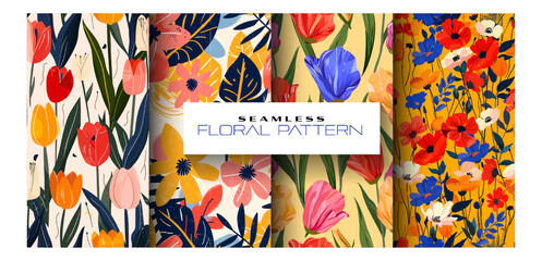 Vibrant seamless floral pattern with diverse flowers