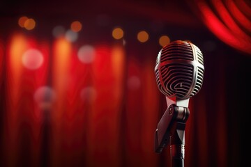 A microphone on stage, close-up of a microphone on a concert stage with beautiful lighting, Ai generated