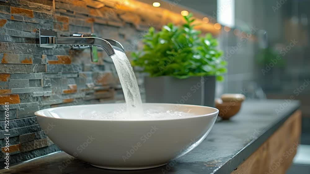 Poster a closeup of a modern waterfallstyle faucet pouring into a beautiful vessel sink with a natural ston