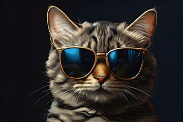 Hyper-realistic closeup illustration of a cool cat with sunglasses on a dark background Generative...