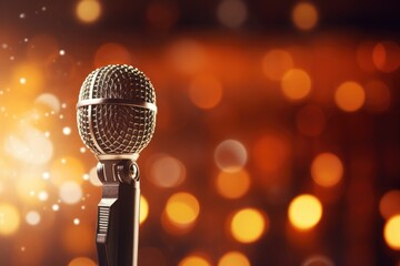 A microphone on stage, close-up of a microphone on a concert stage with beautiful lighting, Ai...