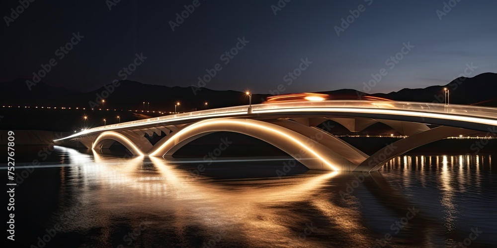 Wall mural In the tranquil darkness of night, a river bridge casts its illuminated reflection upon the calm waters below