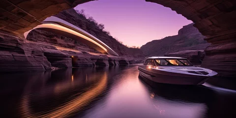 Fotobehang Under the cover of darkness, a daring stunt boat navigates the city river with precision and skill, leaving trails of excitement in its wake © jambulart