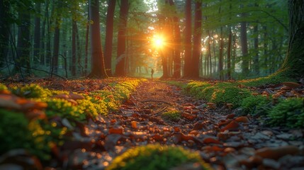 Amazing forest. Morning light The sun is just rising. Moss on the ground. Mushrooms scattered in the forest. morning dew water drops and grass In the foreground, hikers are on the forest path.