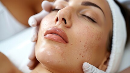 Face skin treatment at cosmetic clinic. Anti acne phototherapy. Cosmetic dermatology consultation
