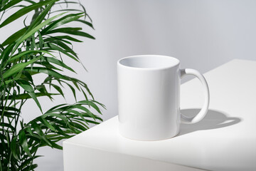 Porcelain cup and palm branch on white background