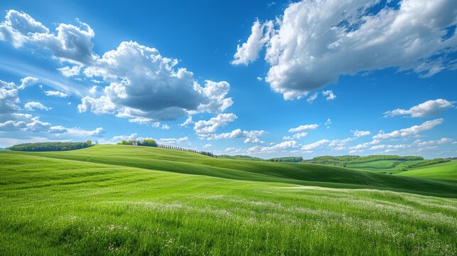 Verdant rolling hills stretching into the distance under a dramatic cloudy sky, Rolling green hills extending away in blue sky with fluffy clouds