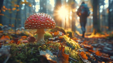 Amazing forest. Morning light The sun is just rising. Moss on the ground. Mushrooms scattered in the forest. morning dew water drops and grass In the foreground, hikers are on the forest path. - obrazy, fototapety, plakaty